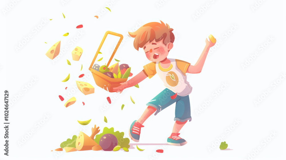 cheerful boy joyfully spills basket of colorful fruits and vegetables, showcasing playful and vibrant scene filled with healthy food cheerful boy joyfully spills basket of colorful fruits and vegetables, showcasing playful and vibrant scene filled with healthy food