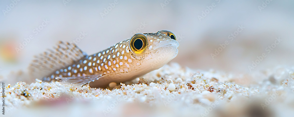 A spotted garden eel (Heteroconger hassi) is seen emerging from the sandy seabed, showcasing its long, slender body and distinctive spotted pattern A spotted garden eel (Heteroconger hassi) is seen emerging from the sandy seabed, showcasing its long, slender body and distinctive spotted pattern