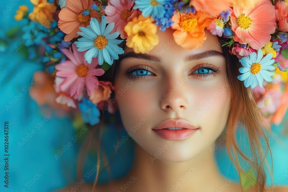 woman with a head full of flowers embodying joy and positivity the image conveys a sense of mental wellbeing through natures beauty and vibrant colors promoting positive thoughts woman with a head full of flowers embodying joy and positivity the image conveys a sense of mental wellbeing through natures beauty and vibrant colors promoting positive thoughts