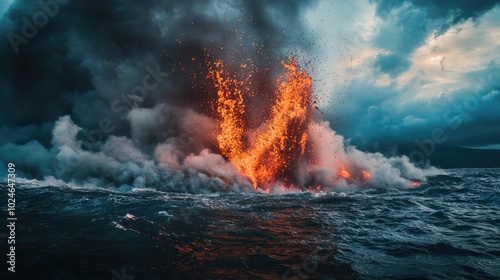 An intense underwater volcanic explosion, molten lava bursting through the ocean surface with bright red sparks lighting up the sky