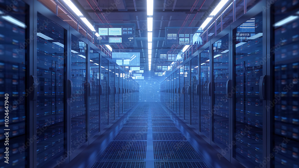 high-tech data warehouse, featuring rows of modern servers with blinking lights in a vast, secure facility, data center, big data high-tech data warehouse, featuring rows of modern servers with blinking lights in a vast, secure facility, data center, big data