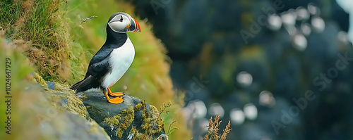 A solitary Atlantic puffin stands perched on a grassy cliff, overlooking the ocean in Iceland photo