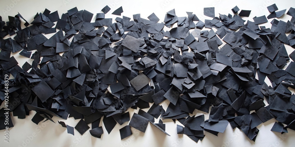 Fototapeta premium A scattering of black paper scraps on a white surface, creating a minimalist abstract design.
