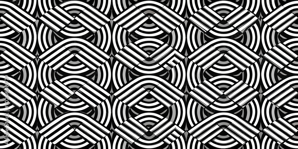 Obraz premium Black and white striped geometric pattern with intersecting arcs and squares creating a dynamic and repeating design.