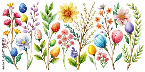 A vibrant collection of watercolor painted spring flowers and easter eggs, featuring blossoms in shades of pink, blue, yellow, and purple, with delicate leaves and stems #1024649379