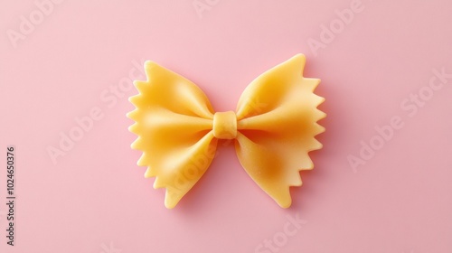 Single farfalle pasta piece perfectly centered on a pastel pink background, showcasing texture and detail.