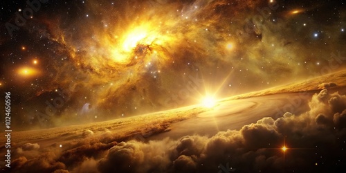 space scene with golden tones featuring nebula and galaxy