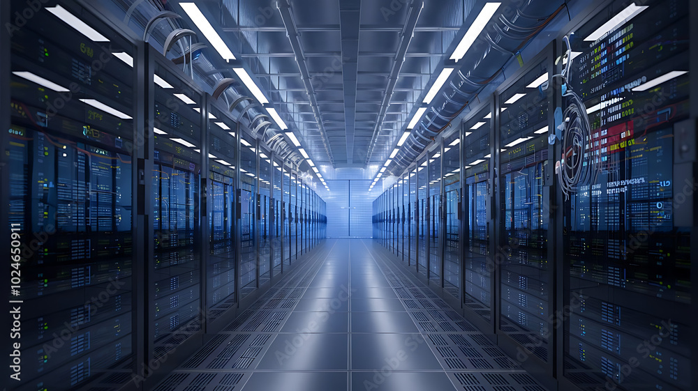 high-tech data warehouse, featuring rows of modern servers with blinking lights in a vast, secure facility, data center, big data high-tech data warehouse, featuring rows of modern servers with blinking lights in a vast, secure facility, data center, big data