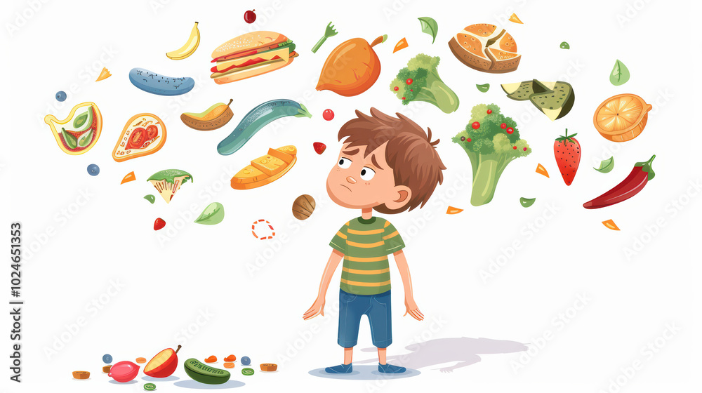 young boy stands in wonder, surrounded by various colorful foods like fruits and vegetables, illustrating importance of healthy eating. His expression reflects curiosity and contemplation about young boy stands in wonder, surrounded by various colorful foods like fruits and vegetables, illustrating importance of healthy eating. His expression reflects curiosity and contemplation about