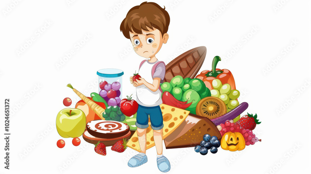 young boy stands with worried expression, holding strawberry, surrounded by colorful array of fruits, vegetables, and snacks. This illustration captures contrast between healthy and unhealthy food young boy stands with worried expression, holding strawberry, surrounded by colorful array of fruits, vegetables, and snacks. This illustration captures contrast between healthy and unhealthy food
