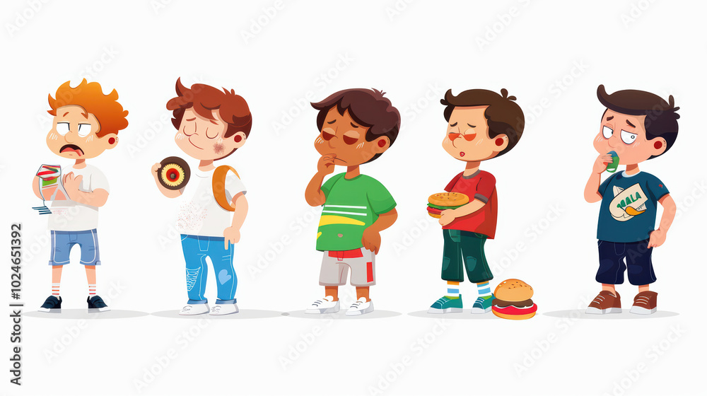 group of five cartoon boys standing in line, each holding different types of food, showcasing various expressions of enjoyment and contemplation. Their outfits and hairstyles vary, adding to playful group of five cartoon boys standing in line, each holding different types of food, showcasing various expressions of enjoyment and contemplation. Their outfits and hairstyles vary, adding to playful