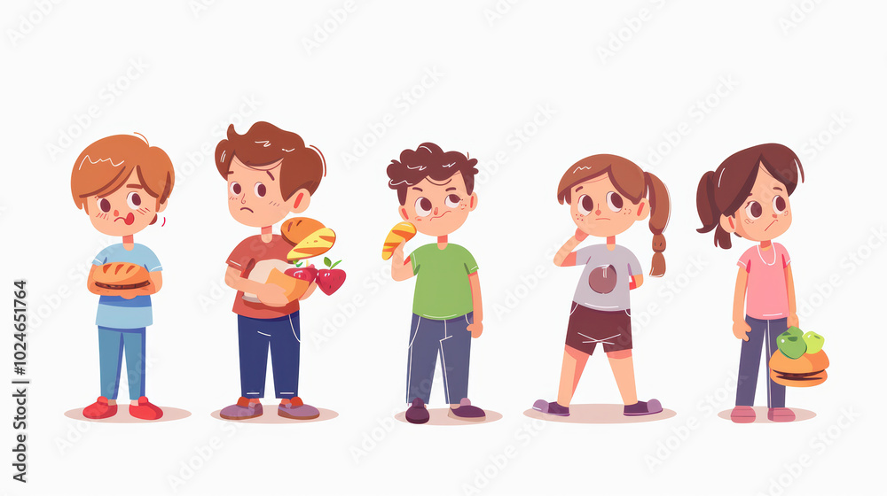 Kids expressing different emotions about food choices, showcasing variety of snacks and fruits. illustration captures their curiosity and hesitation in playful manner Kids expressing different emotions about food choices, showcasing variety of snacks and fruits. illustration captures their curiosity and hesitation in playful manner