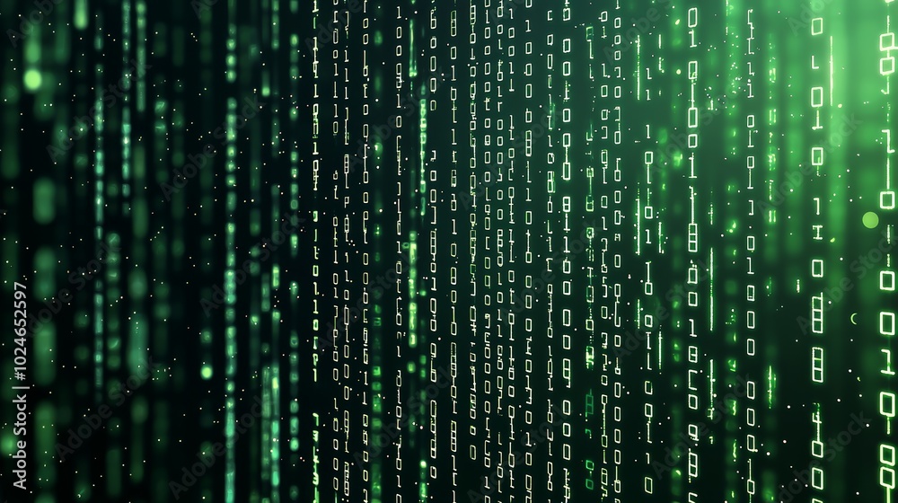 Green binary code sequences rapidly flowing, creating a futuristic and high-tech atmosphere, symbolizing data transmission and digital communication Green binary code sequences rapidly flowing, creating a futuristic and high-tech atmosphere, symbolizing data transmission and digital communication