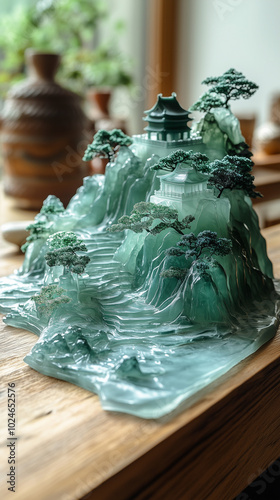 Intricate Jade Mountain Sculpture with Pagoda and Trees