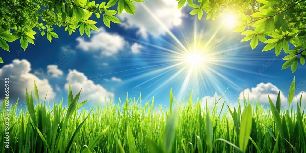 A verdant field of grass reaching towards a sun-drenched sky, framed by vibrant green leaves. A verdant field of grass reaching towards a sun-drenched sky, framed by vibrant green leaves.