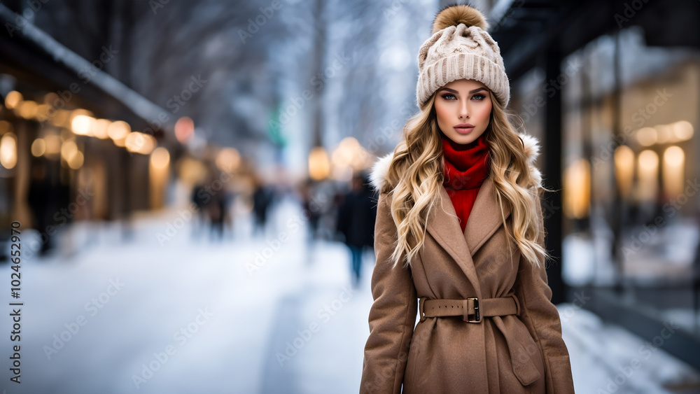 A beautiful blonde woman wearing a stylish coat and hat, exuding elegance and charm in her attire (in blur street background). A beautiful blonde woman wearing a stylish coat and hat, exuding elegance and charm in her attire (in blur street background).