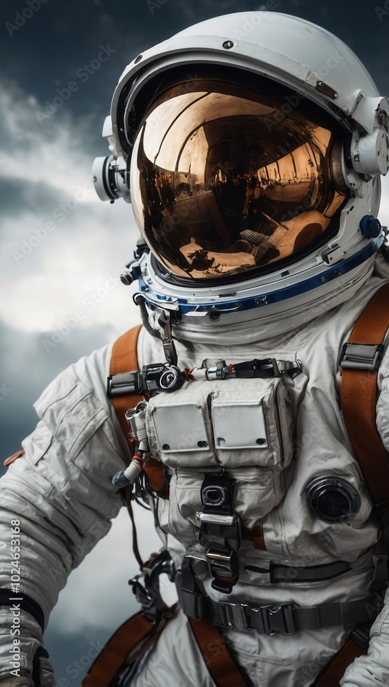 Person in astronaut spacesuit standing against cosmic landscape, visor up Person in astronaut spacesuit standing against cosmic landscape, visor up