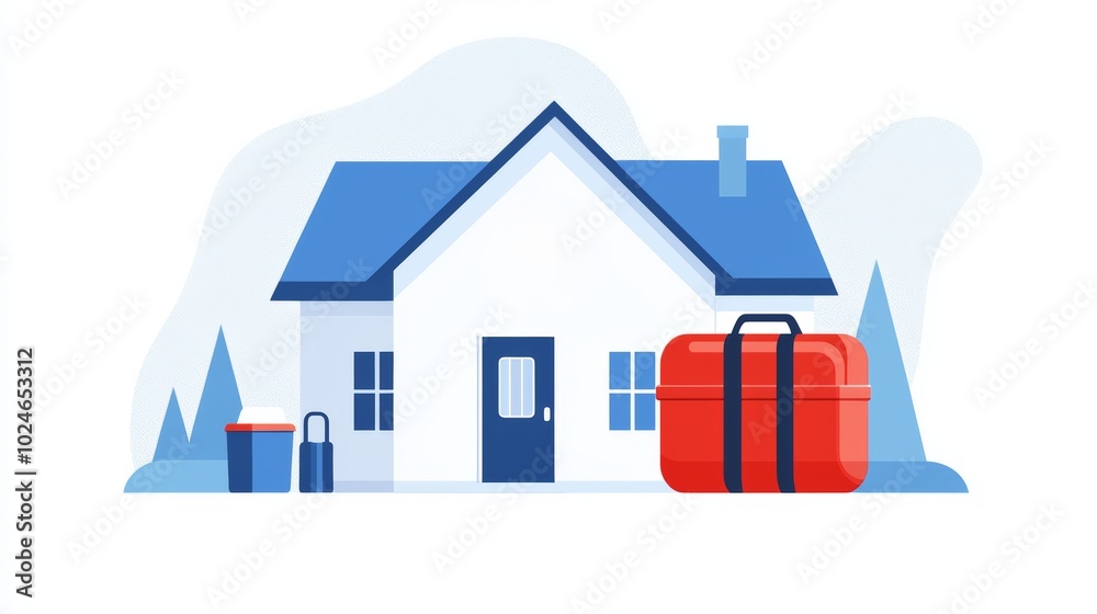 Illustration of a home with an emergency plan displayed on the fridge, showing the routes to safety and supply storage Illustration of a home with an emergency plan displayed on the fridge, showing the routes to safety and supply storage