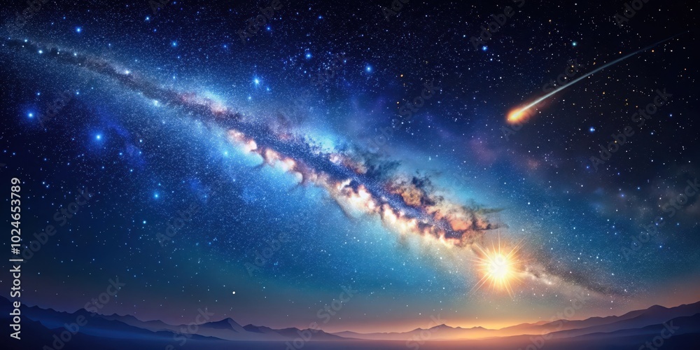 Fototapeta premium A breathtaking celestial panorama featuring the Milky Way, a shooting star, and distant mountains silhouetted against the luminous expanse of the night sky.
