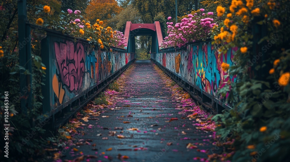 Fototapeta premium Vibrant Graffiti Bridge Surrounded by Lush Blooms Capturing Urban Art and Nature's Flourish