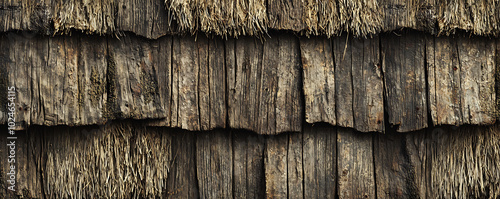  A close-up view of an old, weathered thatched roof made of dried straw and wood. photo