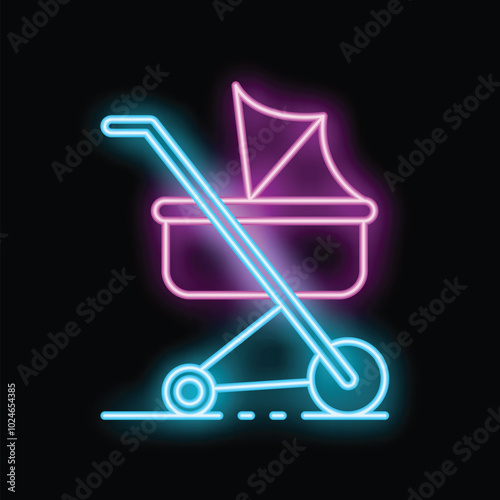 Colorful neon baby stroller is glowing on this black background