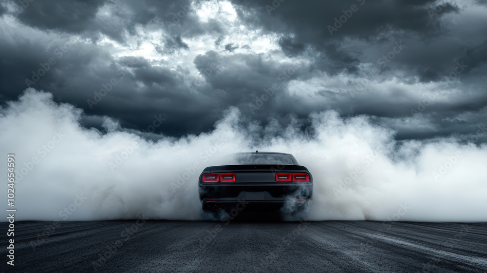 Muscle car tearing up the asphalt with a massive burnout, smoke trailing behind, stormy clouds creating a dramatic backdrop, full throttle energy Muscle car tearing up the asphalt with a massive burnout, smoke trailing behind, stormy clouds creating a dramatic backdrop, full throttle energy