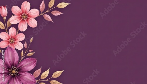 Aubergine and Gold Watercolor Floral Design on Solid color background