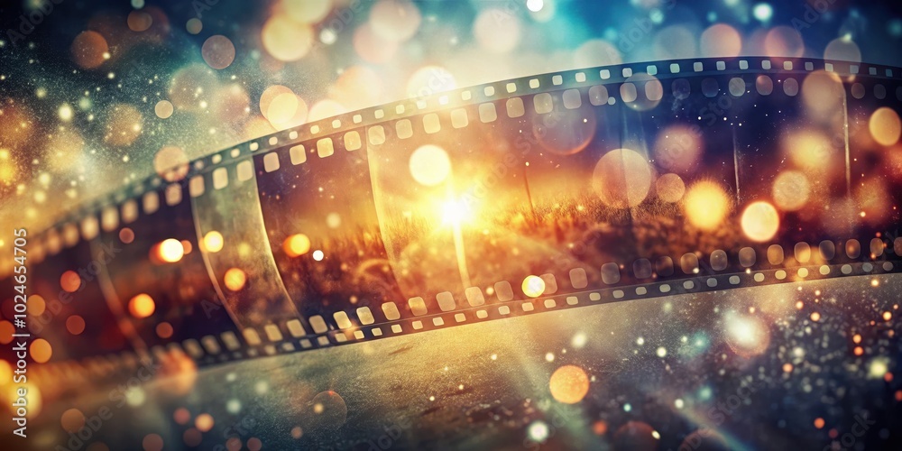 Obraz premium A nostalgic film strip with a warm, sun-drenched sunset scene captured in its frames, blurred by a dreamy, ethereal glow.