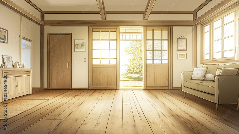 Peaceful living room with wood floors and sunlit garden view Peaceful living room with wood floors and sunlit garden view