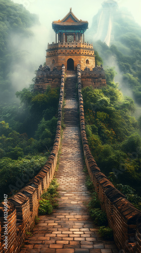 Mystical Great Wall in Misty Mountains