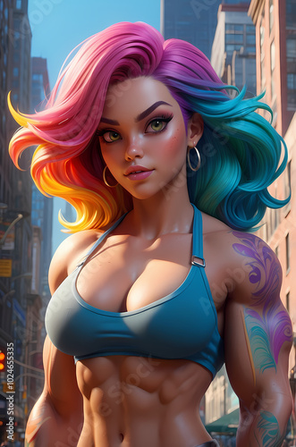 Muscular Anime Female Bodybuilder Posing In City With Intense Focus. Vibrant Skyscrapers And Blue Sky Backdrop For Tattooed, Colorful Haired Muscle Girl Beauty Waifu.