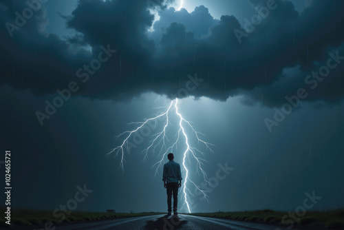 Man standing on road watching lightning strike under storm clouds