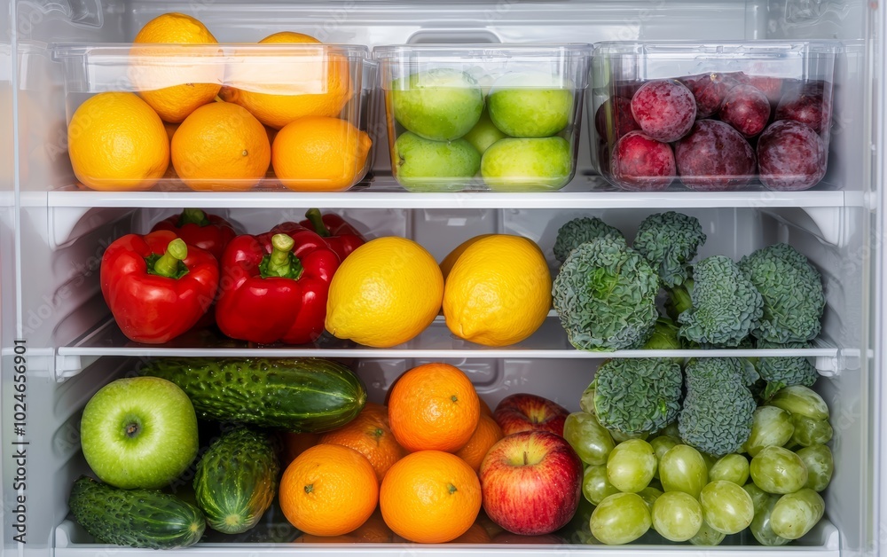 Fresh fruits and veggies stored in clear containers in a refrigerator, colorful and organized, emphasizing healthy food storage and meal prep Fresh fruits and veggies stored in clear containers in a refrigerator, colorful and organized, emphasizing healthy food storage and meal prep