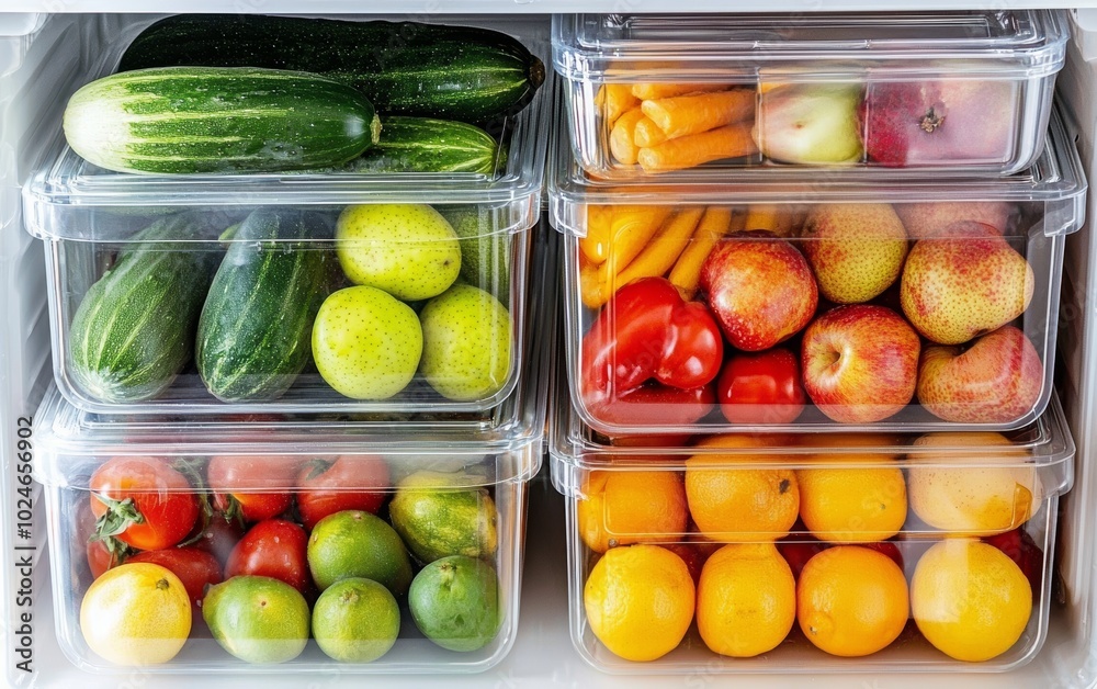 Fresh fruits and vegetables neatly organized in transparent containers inside a fridge, vibrant colors of produce, showcasing healthy eating and organization
