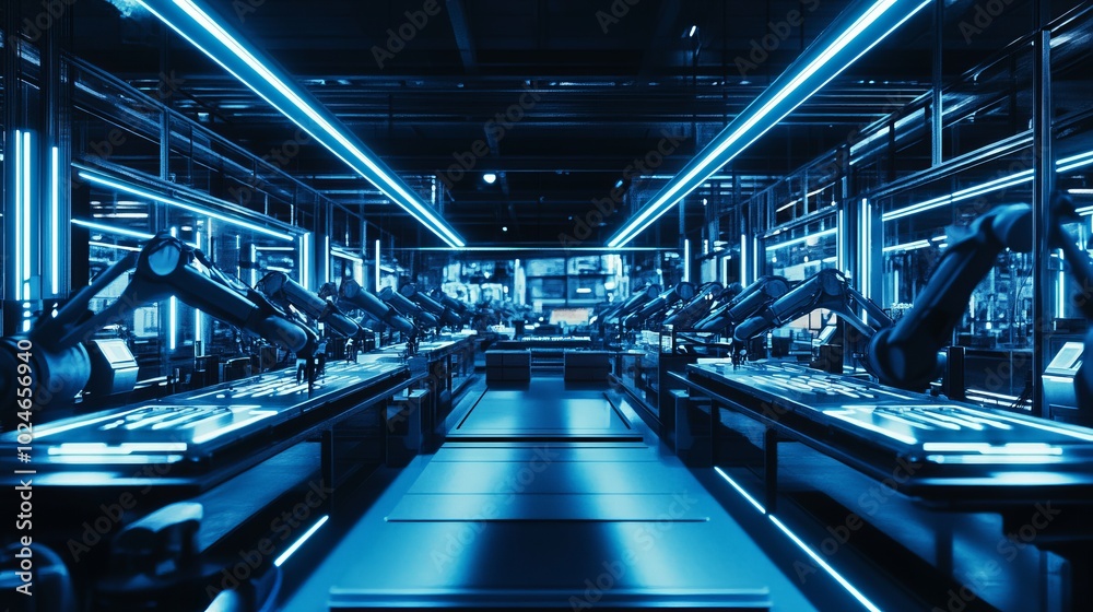 Futuristic Factory with Robotic Arms and Blue Lighting Futuristic Factory with Robotic Arms and Blue Lighting