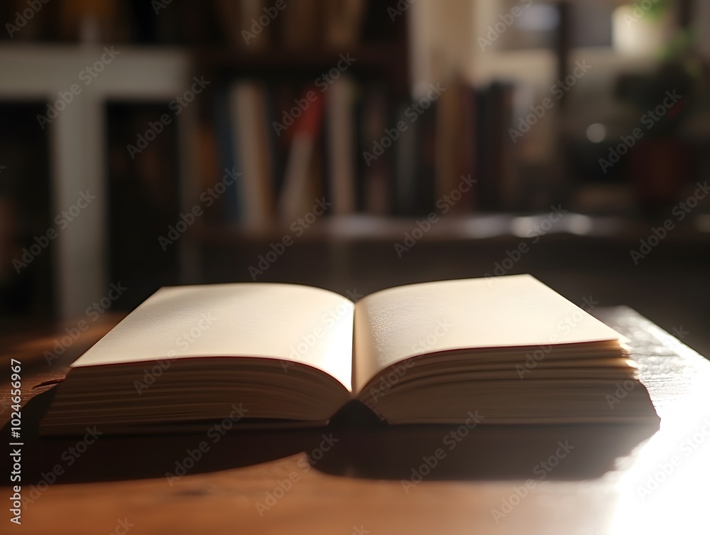 Open book on a wooden table with sunlight streaming in. Open book on a wooden table with sunlight streaming in.