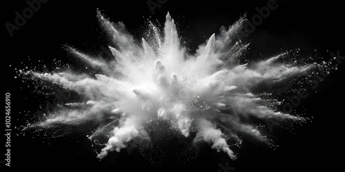 A dramatic and ethereal explosion of white powder on a black background, capturing the chaotic beauty of motion and the fleeting nature of ephemeral elements.