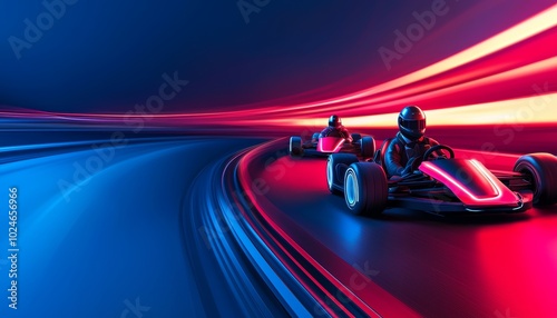 Futuristic go-kart racing at high speed with neon light trails, glowing track, vibrant motion blur, and dynamic colors, intense energy and excitement