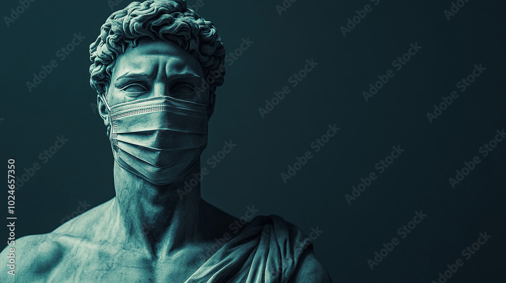 A classical sculpture of a man with a mask over his mouth, emphasizing the theme of silence or suppression, restriction of free speech, cancel culture A classical sculpture of a man with a mask over his mouth, emphasizing the theme of silence or suppression, restriction of free speech, cancel culture