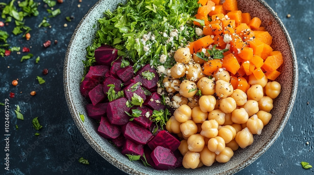 Colorful vegan Buddha bowl with beets, carrots, and chickpeas, top view Colorful vegan Buddha bowl with beets, carrots, and chickpeas, top view