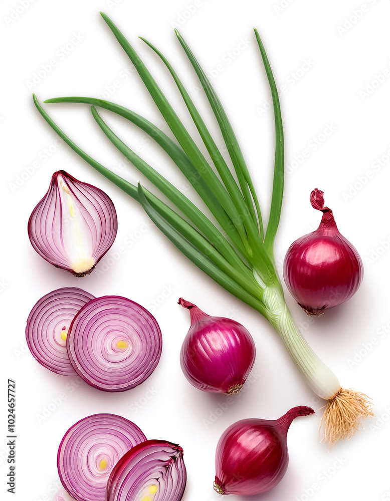 organic red onion fruit with slices and green leaves, either whole or halved, isolated on a white background organic red onion fruit with slices and green leaves, either whole or halved, isolated on a white background