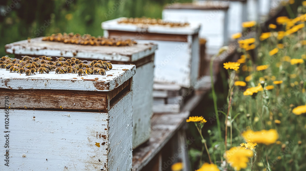 Beehives Lined Up with Busy Bees and Yellow Flowers Beehives Lined Up with Busy Bees and Yellow Flowers