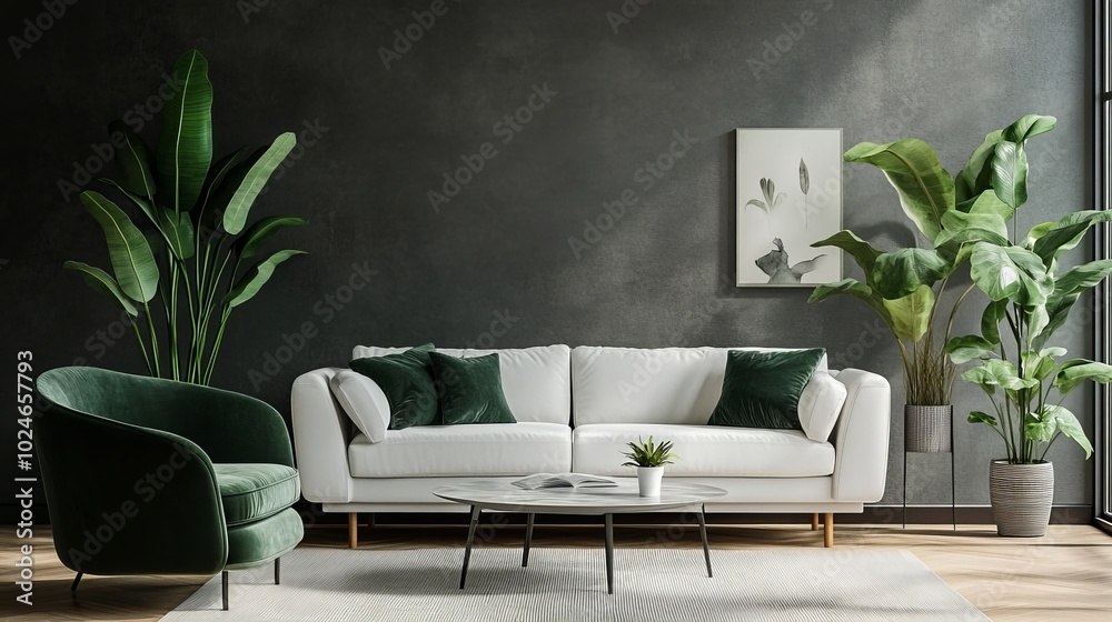 Green chair, white couch, plants, gray wall in modern living room.