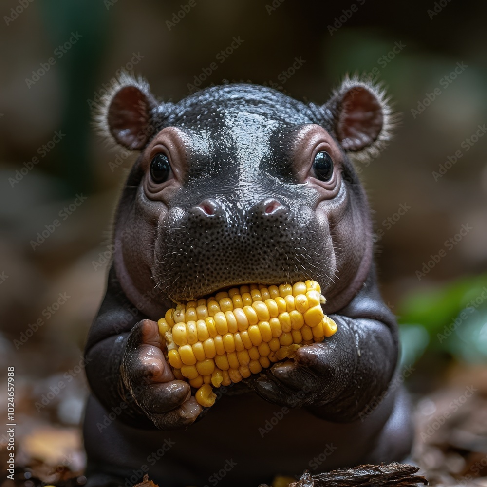 Fototapeta premium Adorable baby hippo munching on corn