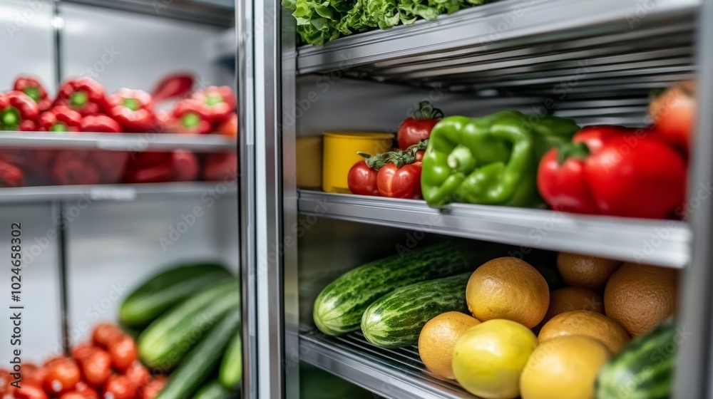 Industrial walk-in refrigerator filled with neatly stacked fresh produce, stainless steel shelves, and bins, showcasing organized food storage in a commercial setting Industrial walk-in refrigerator filled with neatly stacked fresh produce, stainless steel shelves, and bins, showcasing organized food storage in a commercial setting