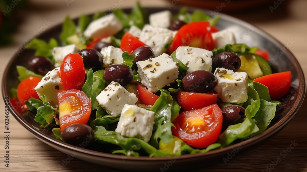 Fresh Greek salad with feta cheese and olives, crisp and healthy meal option Fresh Greek salad with feta cheese and olives, crisp and healthy meal option