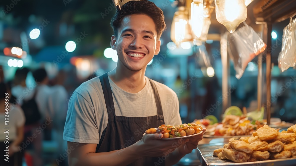 Young man smiling while serving street food at a vibrant night market, showcasing delicious dishes in a lively atmosphere Young man smiling while serving street food at a vibrant night market, showcasing delicious dishes in a lively atmosphere