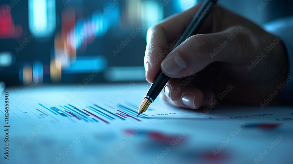 Close-up of a business professionalâs hand, holding a pen over a printed data report, with colorful charts and graphs showing financial trends in the background. Close-up of a business professionalâs hand, holding a pen over a printed data report, with colorful charts and graphs showing financial trends in the background.