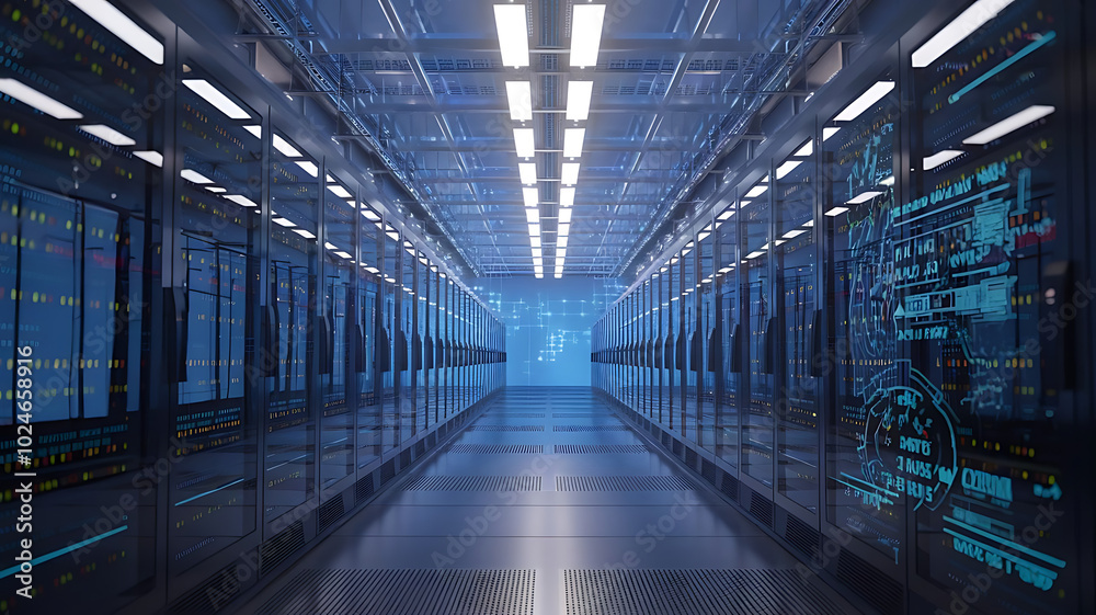 a high-tech data warehouse, featuring rows of modern servers with blinking lights in a vast, secure facility. Big data, data center, Server room a high-tech data warehouse, featuring rows of modern servers with blinking lights in a vast, secure facility. Big data, data center, Server room